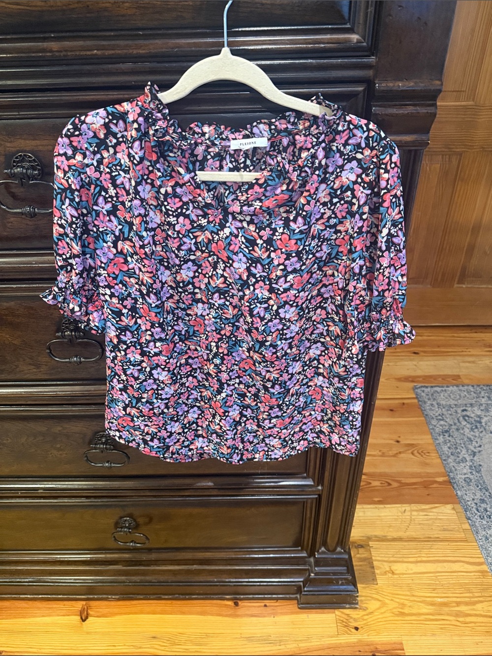 Pleione Black Blouse with Pink & Purple Floral Print